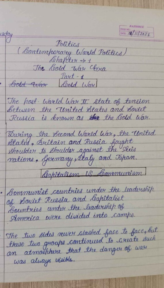 Contemporary World Politics Handwritten notes in English for class 12th( NCERT/ CBSE),UPSC and other competitive exams