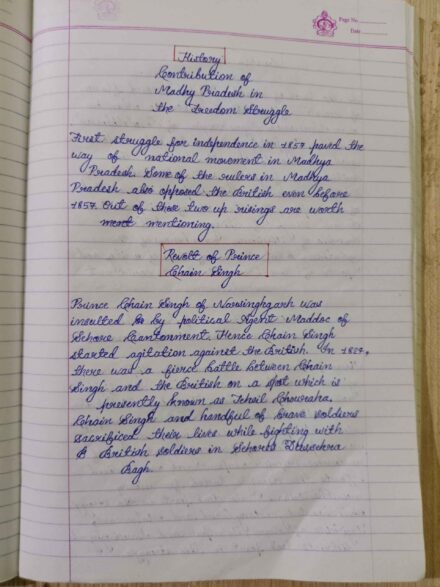 Contribution of Madhya Pradesh in the freedom struggle Handwritten notes in English for MPPSC and other competitive exams