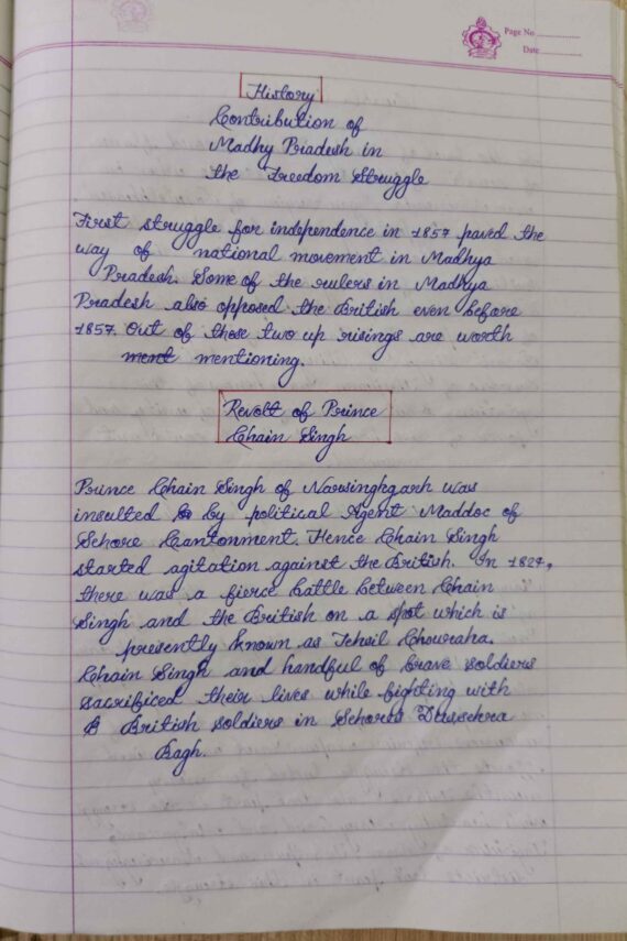 Contribution of Madhya Pradesh in the freedom struggle Handwritten notes in English for MPPSC and other competitive exams