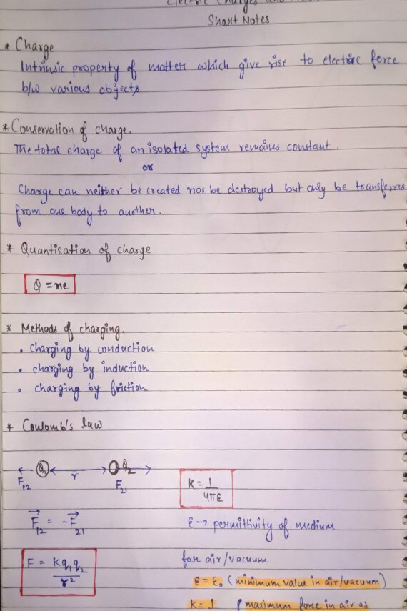 Class 12 physics chap-1 Electric Charges and fields handwritten short notes by -Dishant Singh