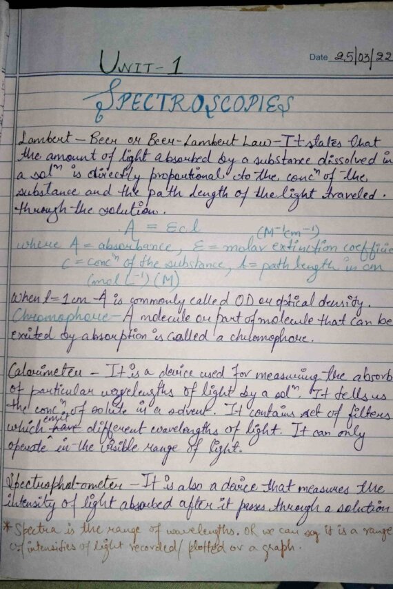 Engineering and Biotechnology Handwritten Notes of Spectroscopy