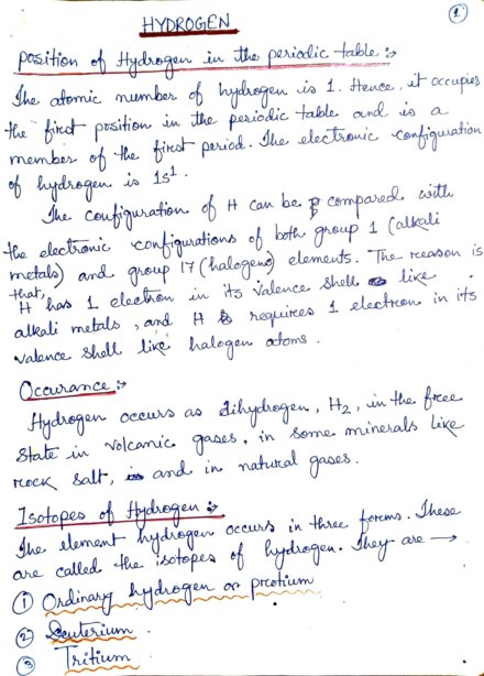 Hydrogen class 11 Chemistry handwritten notes