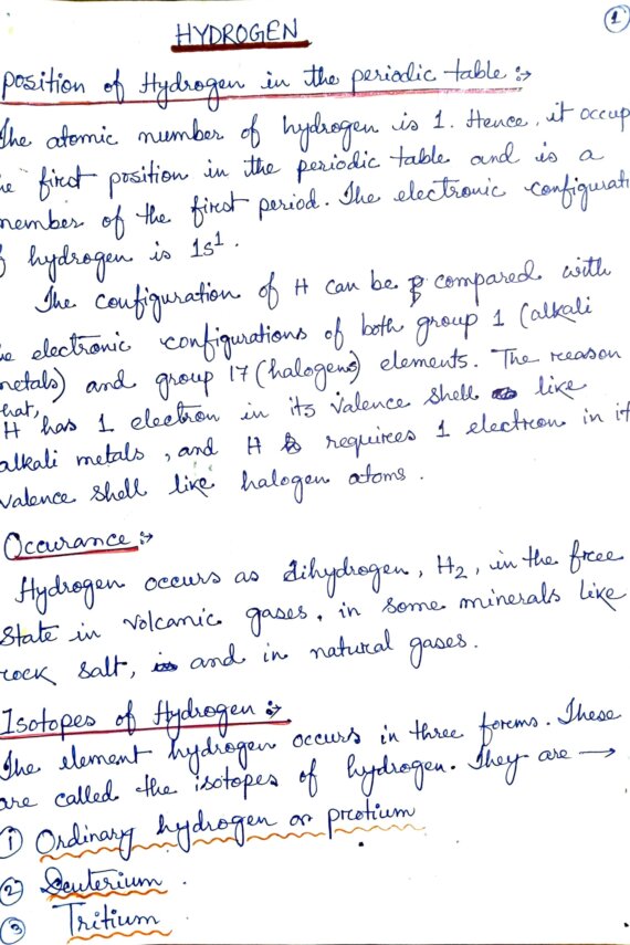 Hydrogen class 11 Chemistry handwritten notes