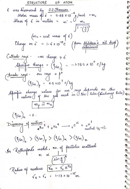 STRUCTURE OF ATOM - CHEMISTRY CLASS 11 Chapter Handwritten Notes PDF