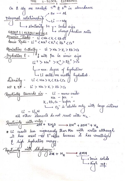 THE S BLOCK ELEMENTS - Class 11 Chapter  Handwritten Notes PDF