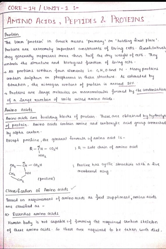 Amino acids, Peptides & Proteins - Handwritten Notes