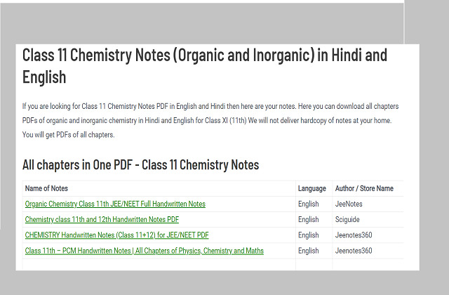 Class 11 Chemistry Notes (Organic and Inorganic) in Hindi and English
