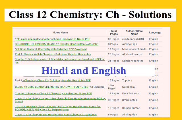Class 12 Chemistry Solutions Notes in Hindi and English from Various Authors