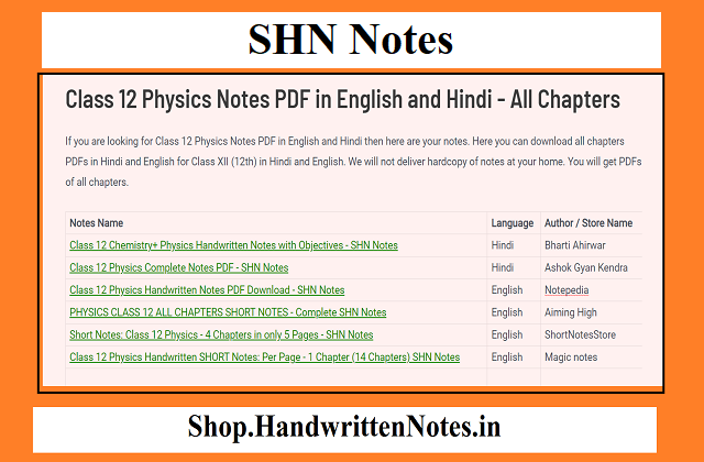 Class 12 Physics Notes PDF in English and Hindi - All Chapters
