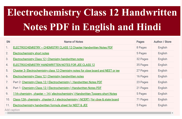 Electrochemistry Class 12 Handwritten Notes PDF in English and Hindi
