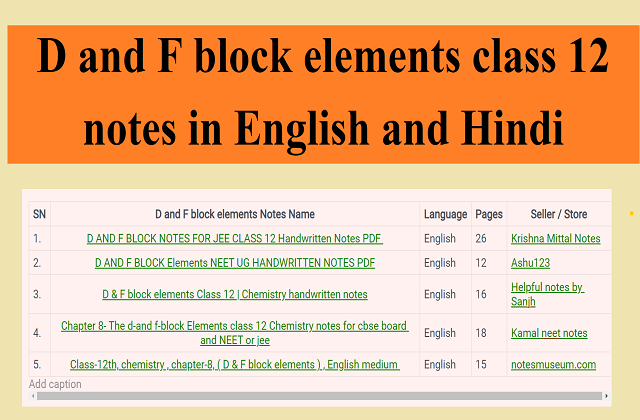 D and F block elements class 12 notes in English and Hindi