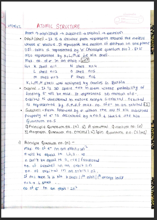 Atomic structure - Class 11 notes - Handwritten Notes PDF
