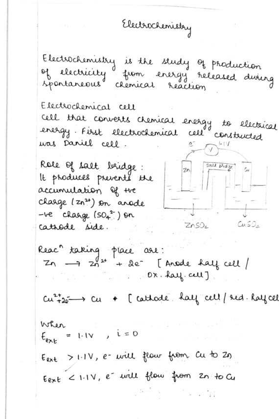 Class 12 CBSE Chemistry Handwritten Notes of Chapter 3 : Electrochemistry By Vaaruna Ramakrishnan