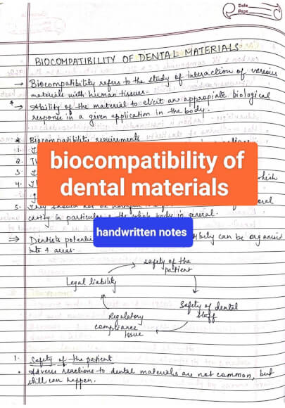 Biocompatibility of dental materials (DM) BDS 2nd year handwritten notes for University exams