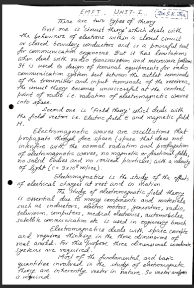 EMFT ( Electromagnetic Field Theory) Handwritten notes by Dr S. K. Jha